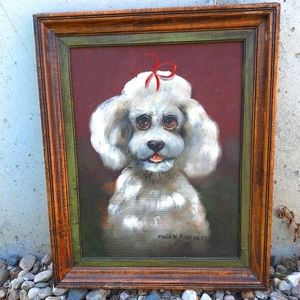 1969 Edwin Kohler signed big eyes dog poodle oil on canvas wood framed painting